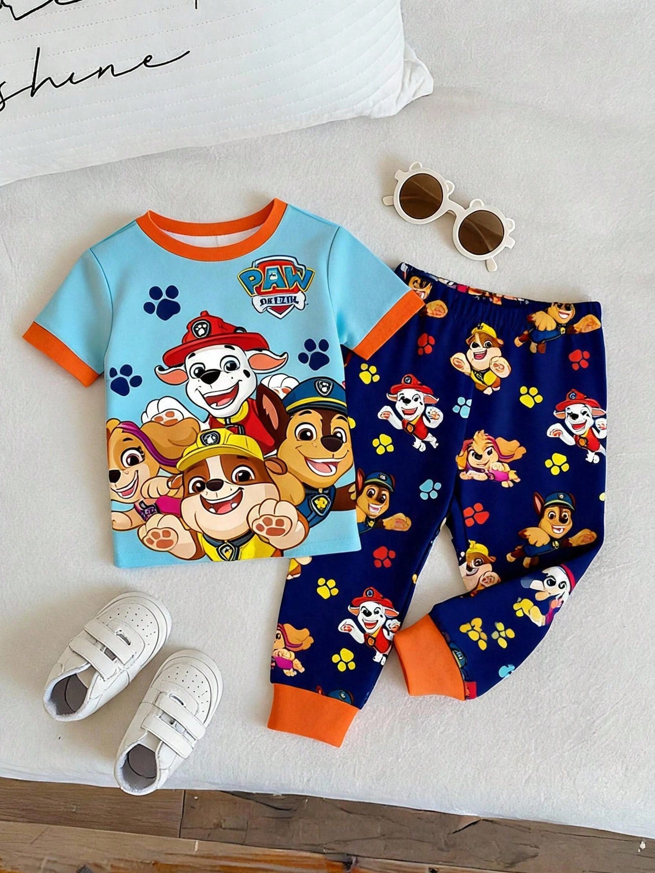 PAW Patrol Baby Boy Round Neck Cartoon Pattern Short Sleeve Top And Long Pants Casual Cute Daily Night Home Pajama Set Pastel Rainbow Navy Blue Snug Fit