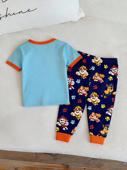 PAW Patrol Baby Boy Round Neck Cartoon Pattern Short Sleeve Top And Long Pants Casual Cute Daily Night Home Pajama Set Pastel Rainbow Navy Blue Snug Fit