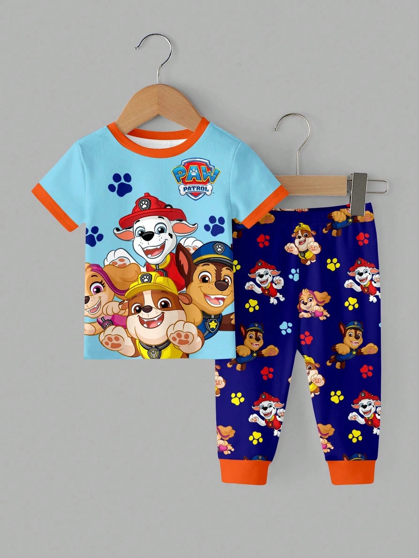 PAW Patrol Baby Boy Round Neck Cartoon Pattern Short Sleeve Top And Long Pants Casual Cute Daily Night Home Pajama Set Pastel Rainbow Navy Blue Snug Fit