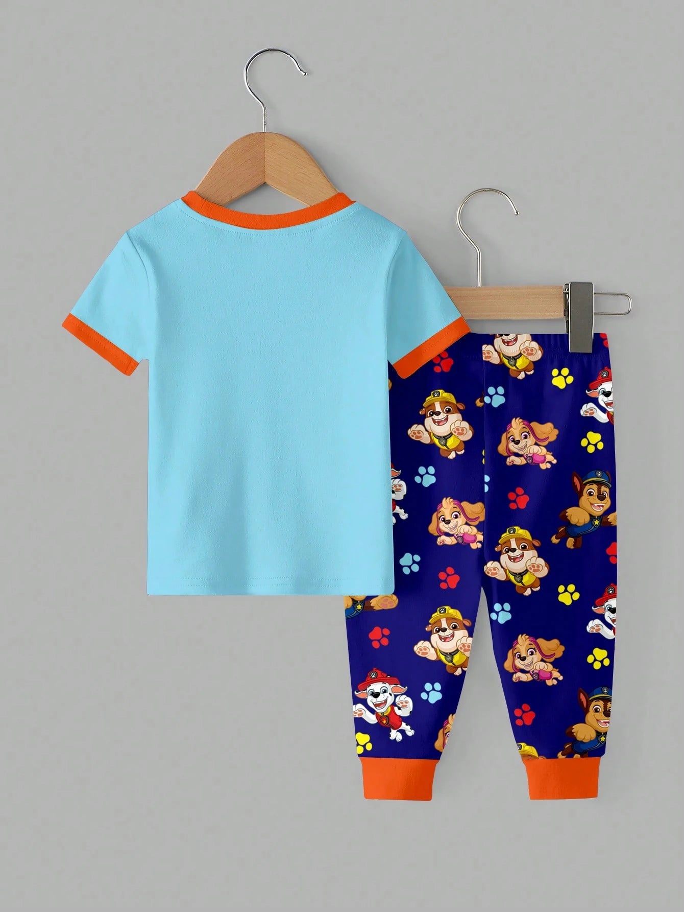 PAW Patrol Baby Boy Round Neck Cartoon Pattern Short Sleeve Top And Long Pants Casual Cute Daily Night Home Pajama Set Pastel Rainbow Navy Blue Snug Fit