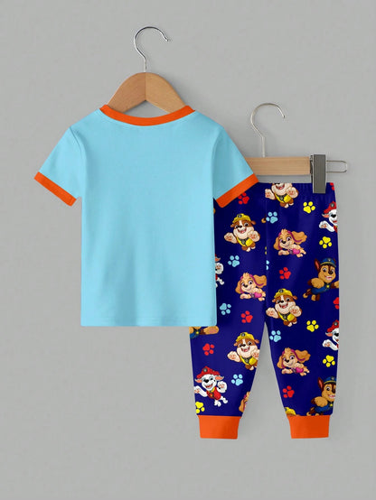PAW Patrol Baby Boy Round Neck Cartoon Pattern Short Sleeve Top And Long Pants Casual Cute Daily Night Home Pajama Set Pastel Rainbow Navy Blue Snug Fit