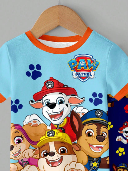 PAW Patrol Baby Boy Round Neck Cartoon Pattern Short Sleeve Top And Long Pants Casual Cute Daily Night Home Pajama Set Pastel Rainbow Navy Blue Snug Fit