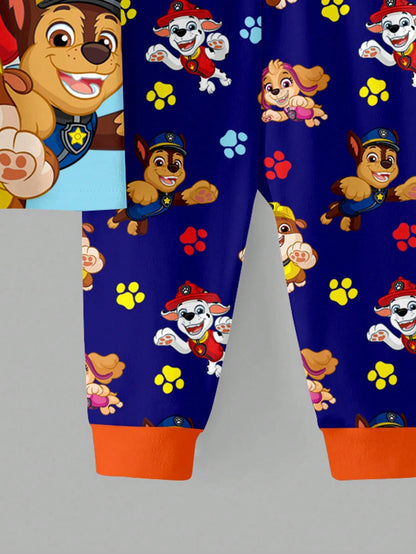 PAW Patrol Baby Boy Round Neck Cartoon Pattern Short Sleeve Top And Long Pants Casual Cute Daily Night Home Pajama Set Pastel Rainbow Navy Blue Snug Fit