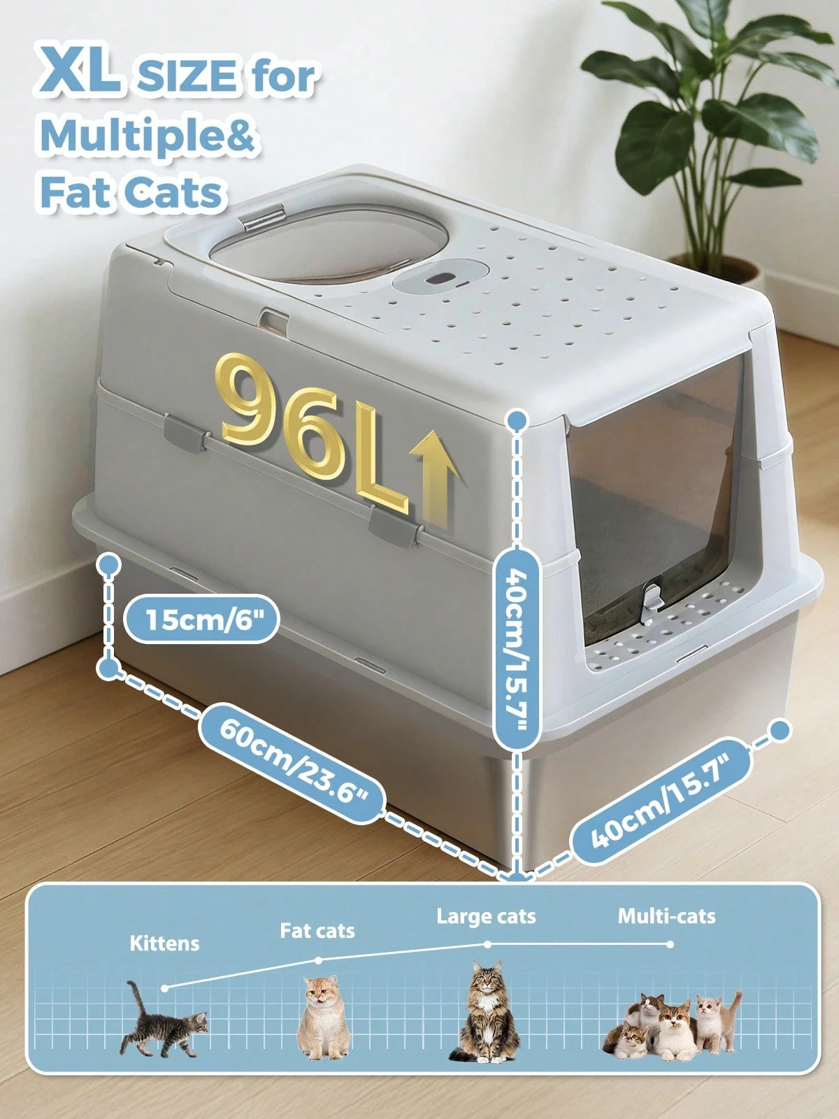 PAWZ Road 96L Stainless Steel Cat Litter Box, Large Enclosed Litter Box With Front & Top Entry, Non-Sticky Metal Bottom With High Sides And Scoop, Easy To Clean, Anti-Leakage For Large Cats