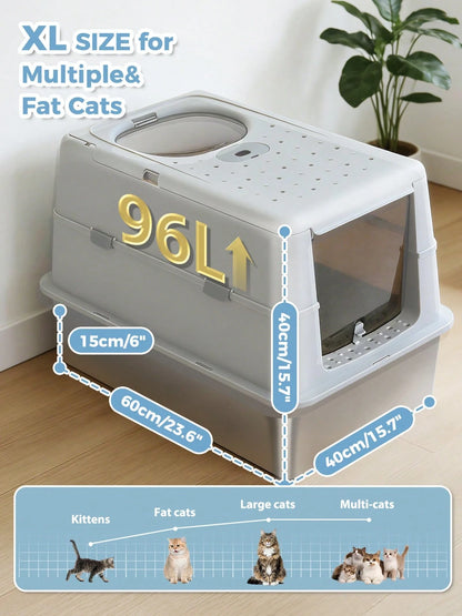PAWZ Road 96L Stainless Steel Cat Litter Box, Large Enclosed Litter Box With Front & Top Entry, Non-Sticky Metal Bottom With High Sides And Scoop, Easy To Clean, Anti-Leakage For Large Cats