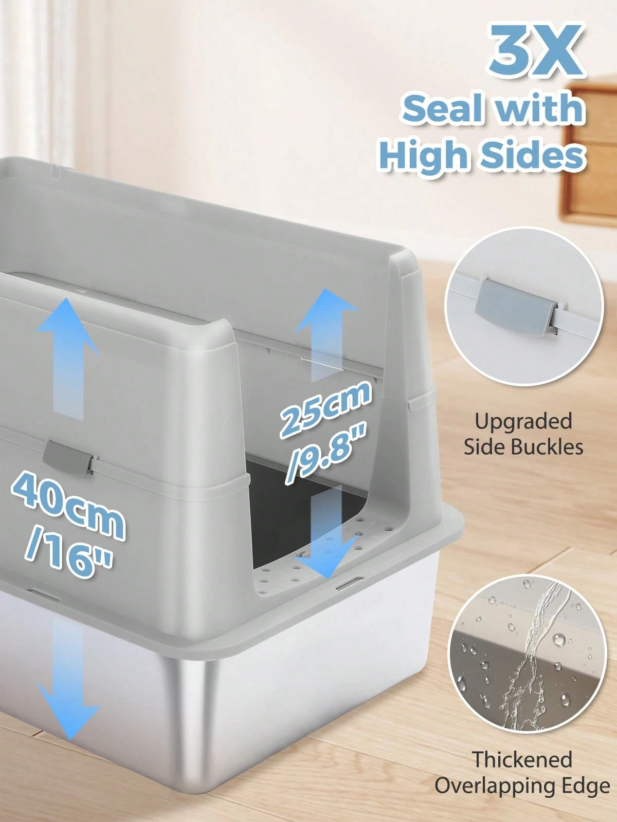 PAWZ Road 96L Stainless Steel Cat Litter Box, Large Enclosed Litter Box With Front & Top Entry, Non-Sticky Metal Bottom With High Sides And Scoop, Easy To Clean, Anti-Leakage For Large Cats