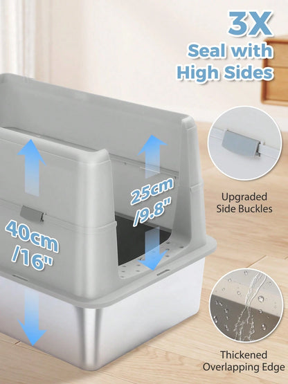 PAWZ Road 96L Stainless Steel Cat Litter Box, Large Enclosed Litter Box With Front & Top Entry, Non-Sticky Metal Bottom With High Sides And Scoop, Easy To Clean, Anti-Leakage For Large Cats