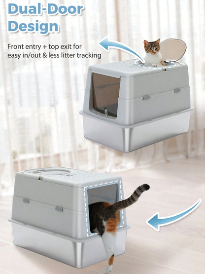 PAWZ Road 96L Stainless Steel Cat Litter Box, Large Enclosed Litter Box With Front & Top Entry, Non-Sticky Metal Bottom With High Sides And Scoop, Easy To Clean, Anti-Leakage For Large Cats