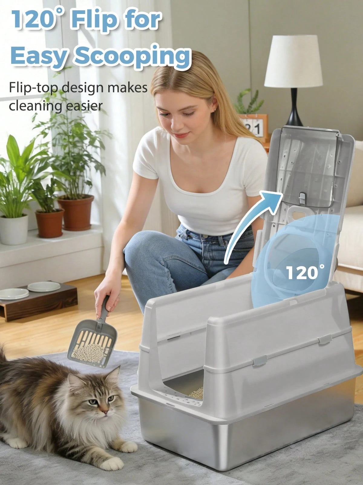 PAWZ Road 96L Stainless Steel Cat Litter Box, Large Enclosed Litter Box With Front & Top Entry, Non-Sticky Metal Bottom With High Sides And Scoop, Easy To Clean, Anti-Leakage For Large Cats