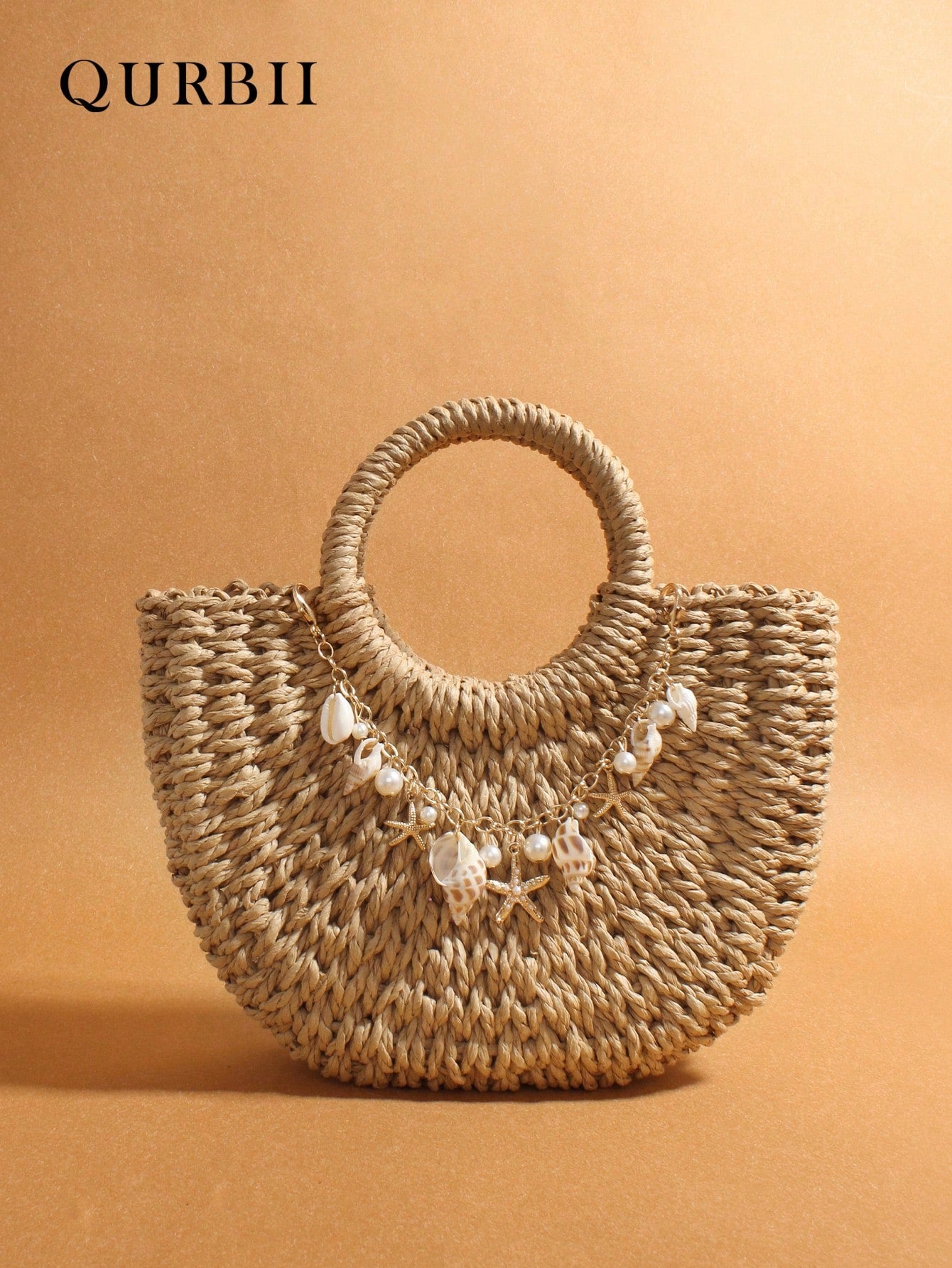 Pearl Shell Hanging Decoration Woven Bag, Straw Woven Handbag, Woven Handbag, Summer Beach Bag, Creative Women's Shoulder Bag, Beach Vacation Bag