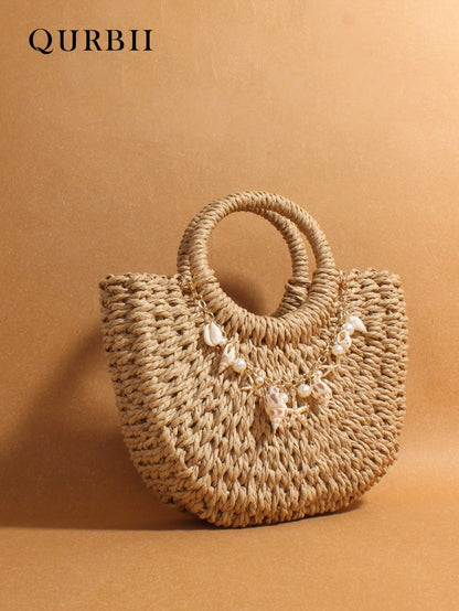 Pearl Shell Hanging Decoration Woven Bag, Straw Woven Handbag, Woven Handbag, Summer Beach Bag, Creative Women's Shoulder Bag, Beach Vacation Bag