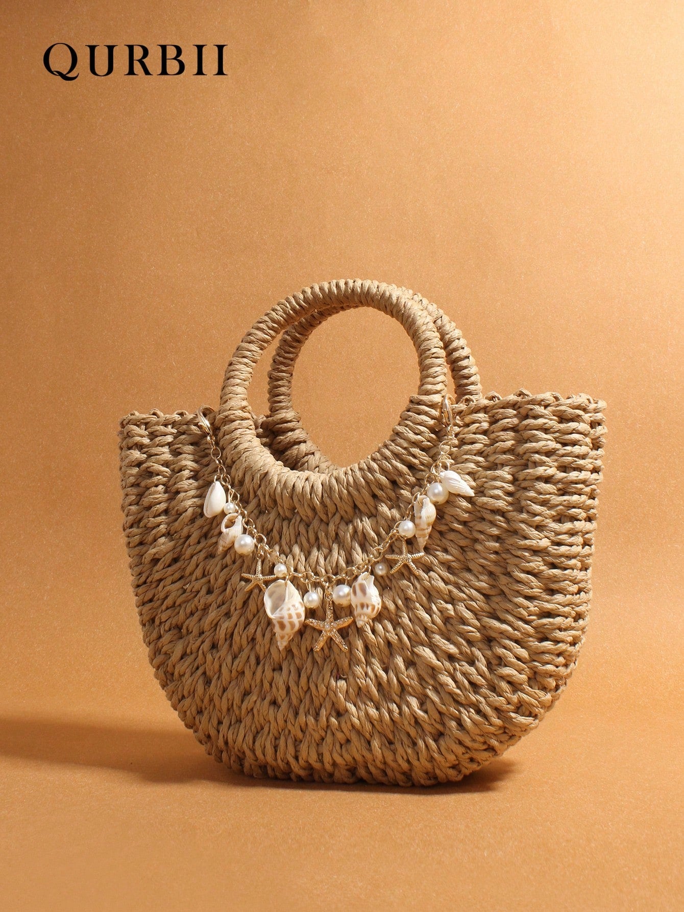 Pearl Shell Hanging Decoration Woven Bag, Straw Woven Handbag, Woven Handbag, Summer Beach Bag, Creative Women's Shoulder Bag, Beach Vacation Bag