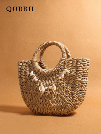 Pearl Shell Hanging Decoration Woven Bag, Straw Woven Handbag, Woven Handbag, Summer Beach Bag, Creative Women's Shoulder Bag, Beach Vacation Bag