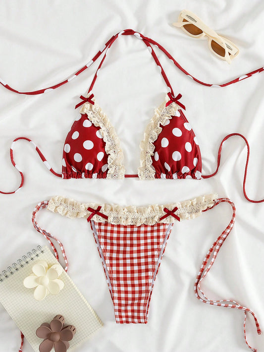 PEPPERMOLLY New Soft Polka Dot Lace Ruffle Bow Decor Halter Tie Sexy Party Bikini Set, Women Elegant Summer Beach Fashion Swimwear Vacation Red