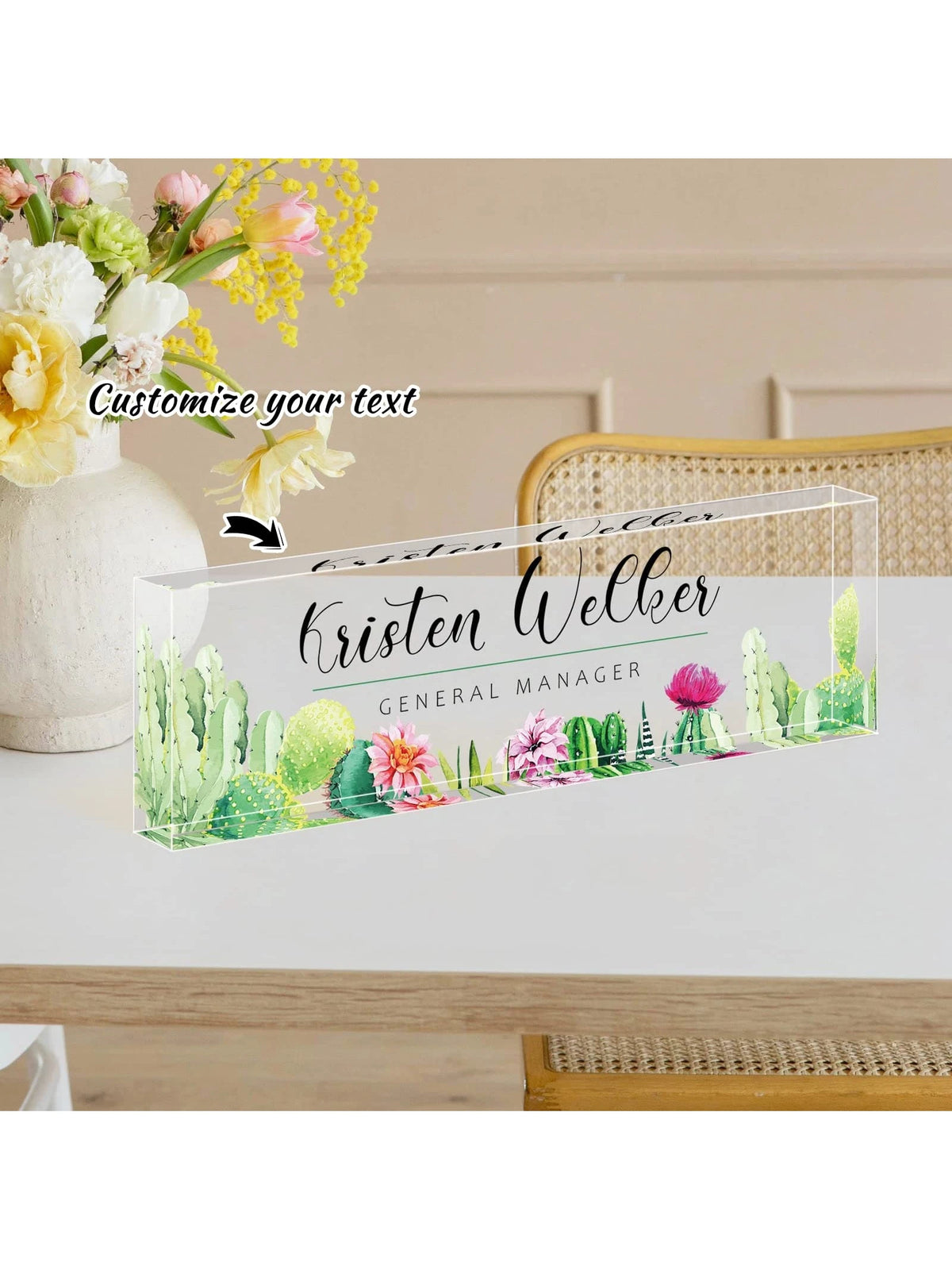 Personalized Acrylic Desktop Nameplate, Succulent & Floral Design, Modern Style Decor For Office, Bedroom, Customizable Name, Suitable For Psychologist Office, Non-Electric, Perfect Gift For Christmas