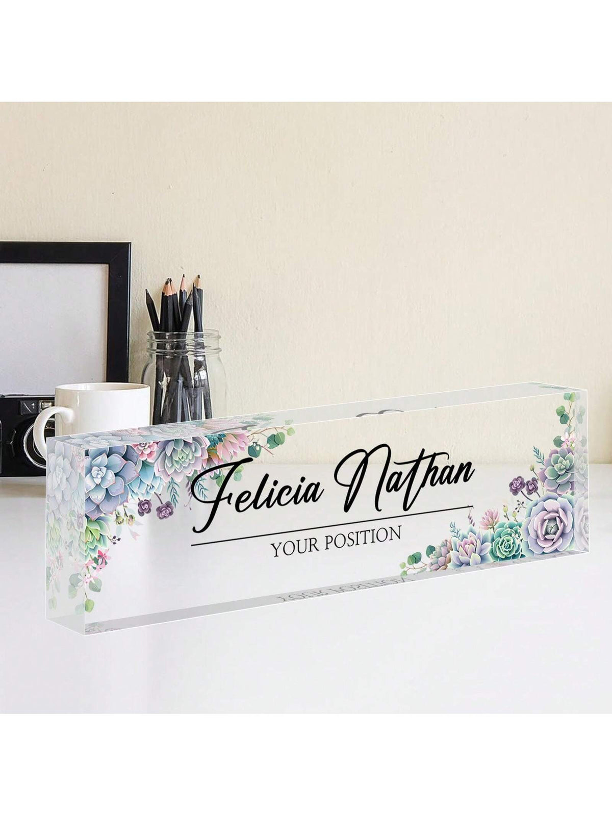 Personalized Acrylic Desktop Nameplate, Succulent & Floral Design, Modern Style Decor For Office, Bedroom, Customizable Name, Suitable For Psychologist Office, Non-Electric, Perfect Gift For Christmas
