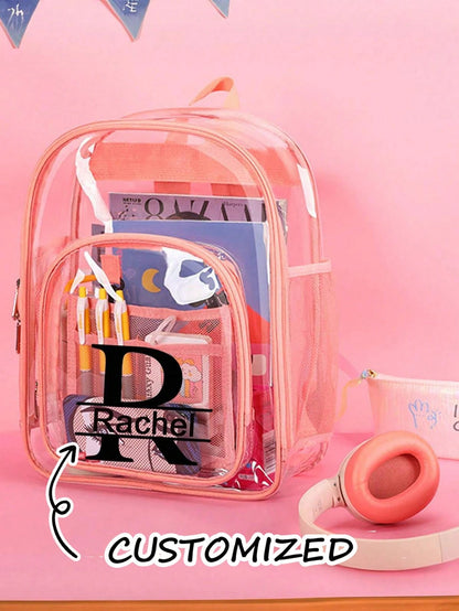 Personalized Clear Backpack With Name, Custom PVC Heavy Duty Transparent Bookbag, See Through Travel Organizer With Zipper Closure