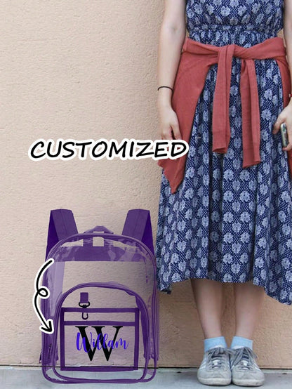 Personalized Clear Backpack With Name, Custom PVC Heavy Duty Transparent Bookbag, See Through Travel Organizer With Zipper Closure