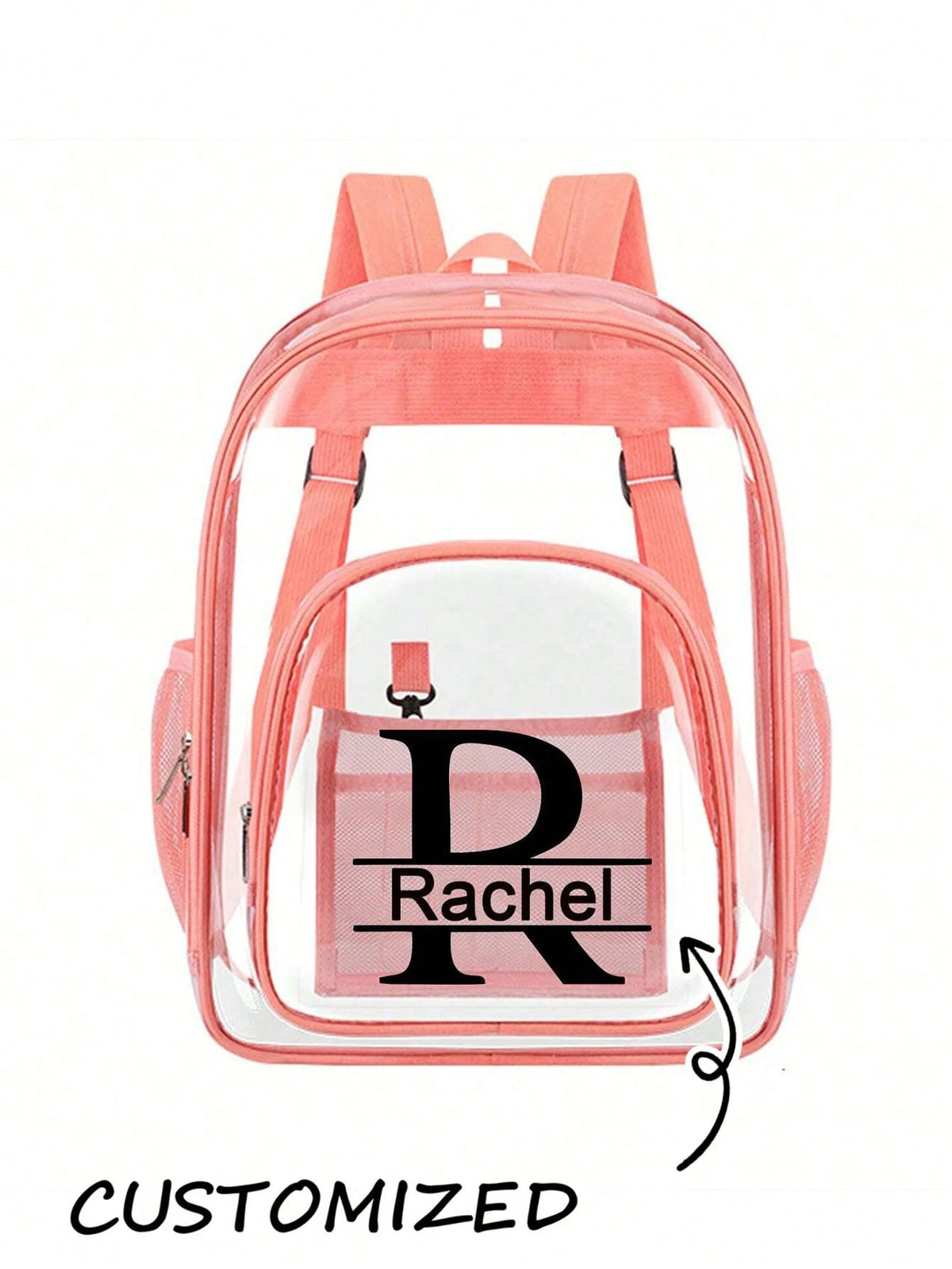 Personalized Clear Backpack With Name, Custom PVC Heavy Duty Transparent Bookbag, See Through Travel Organizer With Zipper Closure