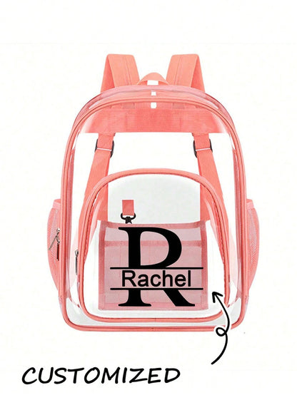 Personalized Clear Backpack With Name, Custom PVC Heavy Duty Transparent Bookbag, See Through Travel Organizer With Zipper Closure