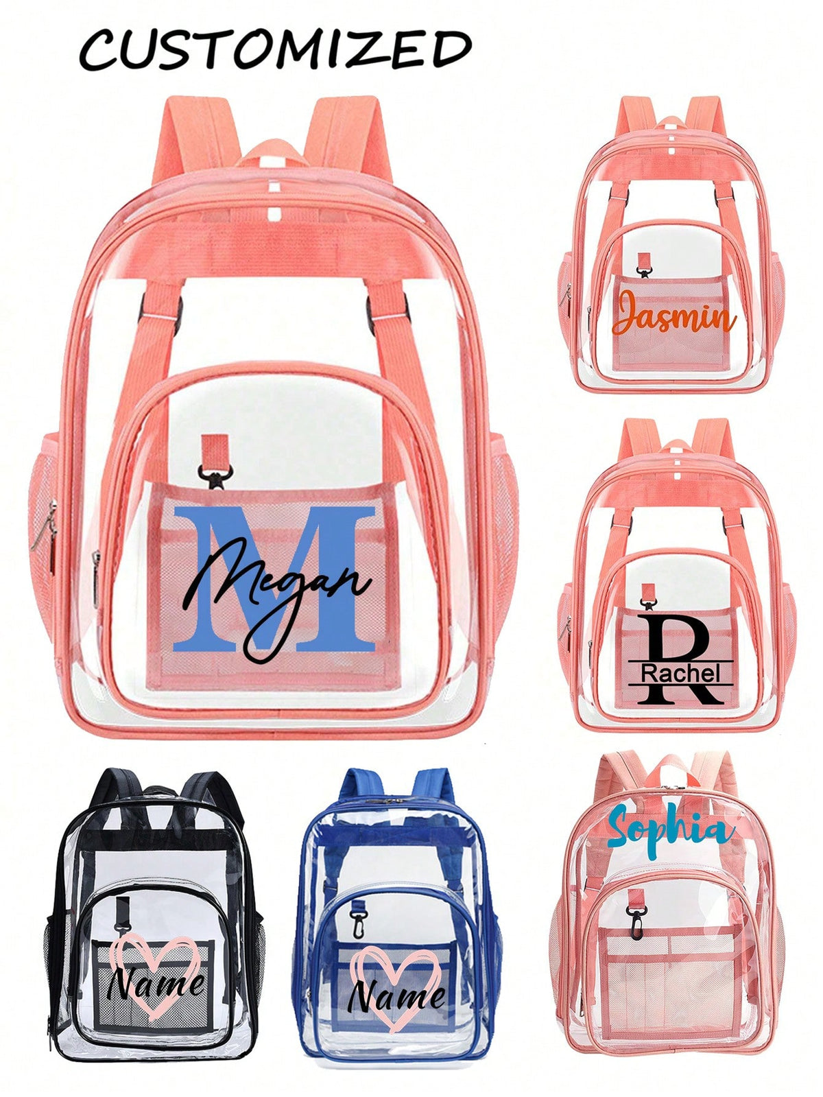 Personalized Clear Backpack With Name, Custom PVC Heavy Duty Transparent Bookbag, See Through Travel Organizer With Zipper Closure