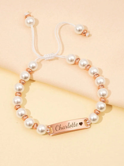 Personalized Cute Children's Faux Pearl Stainless Steel Customized Name Girls Bracelet, Handmade Crafted Woven Bracelet, Gift For Easter, Valentine's Day, Birthday,Multi-Functional,Ornamental,Letter,S