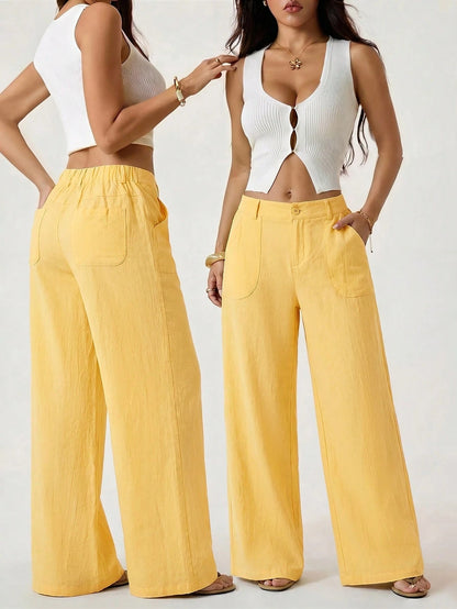 PETITE 100% Washed Cotton Low Waist Straight Pants,Petite Women