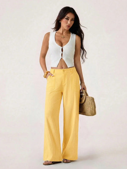 PETITE 100% Washed Cotton Low Waist Straight Pants,Petite Women