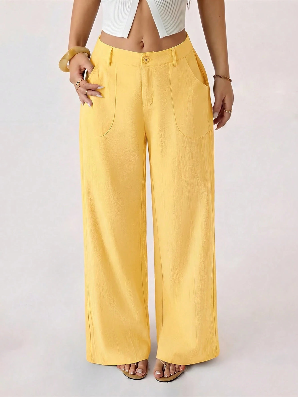 PETITE 100% Washed Cotton Low Waist Straight Pants,Petite Women