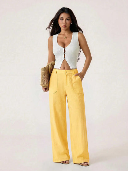 PETITE 100% Washed Cotton Low Waist Straight Pants,Petite Women