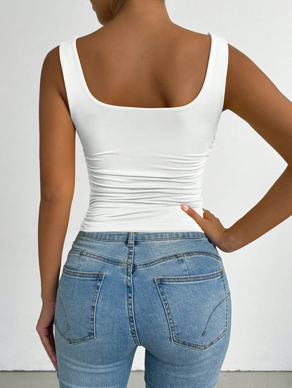 PETITE All White Summer Chic Everyday Women's Square Neck Sleeveless Tank Top, Elegant Basic Crop Top, Vacation Music Festival Rave Concert Club Top, Petite Women