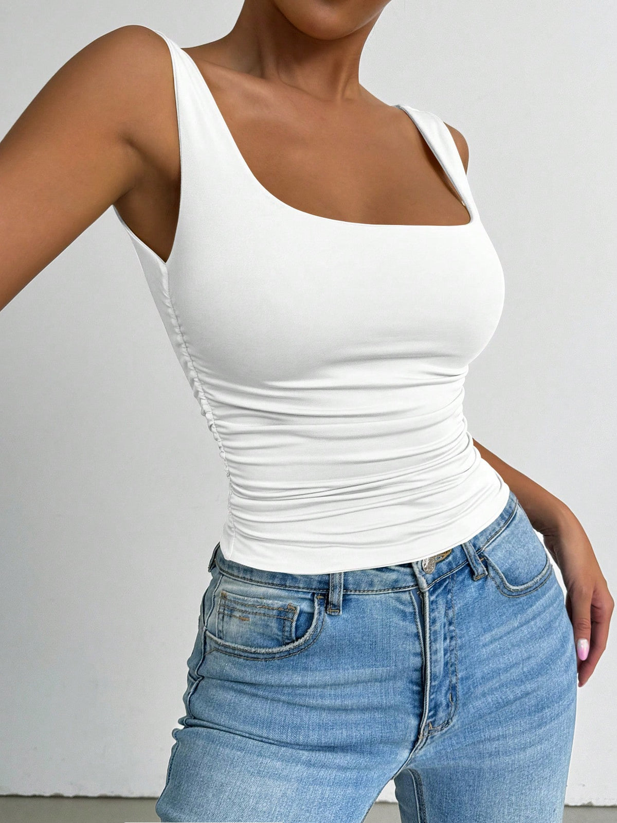 PETITE All White Summer Chic Everyday Women's Square Neck Sleeveless Tank Top, Elegant Basic Crop Top, Vacation Music Festival Rave Concert Club Top, Petite Women