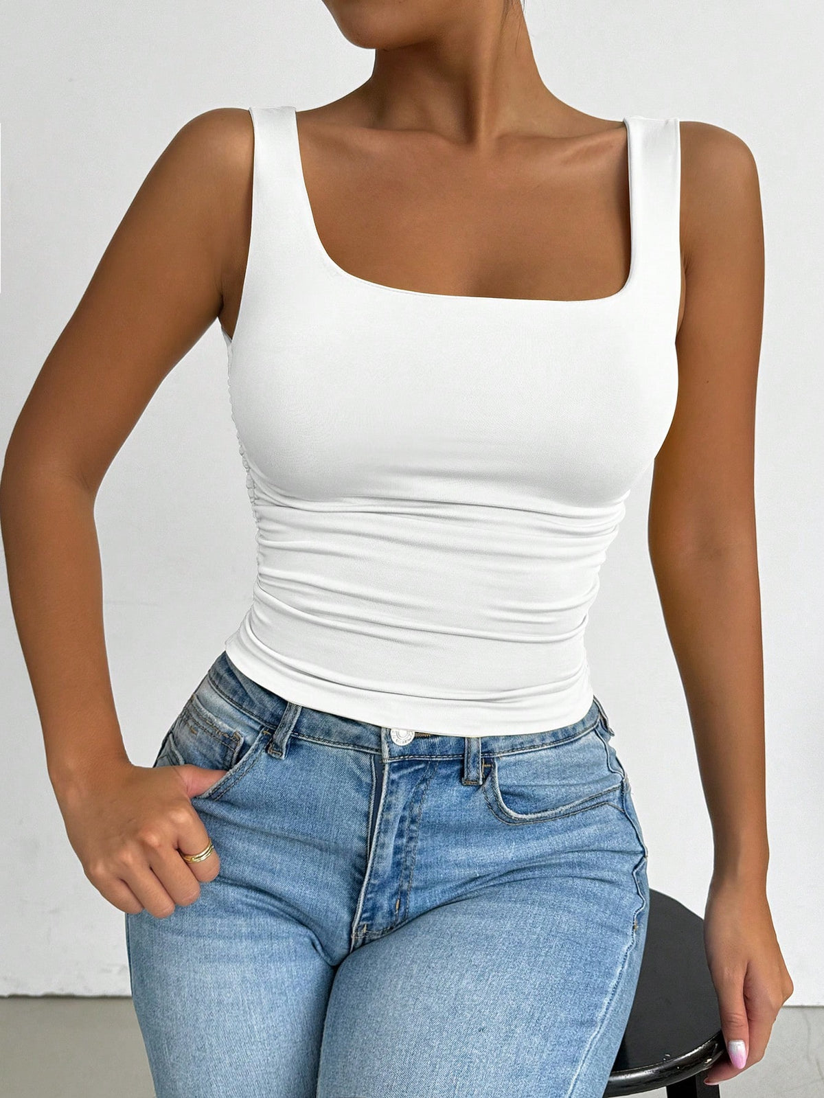 PETITE All White Summer Chic Everyday Women's Square Neck Sleeveless Tank Top, Elegant Basic Crop Top, Vacation Music Festival Rave Concert Club Top, Petite Women