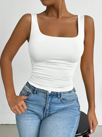 PETITE All White Summer Chic Everyday Women's Square Neck Sleeveless Tank Top, Elegant Basic Crop Top, Vacation Music Festival Rave Concert Club Top, Petite Women
