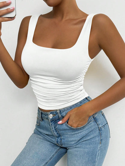PETITE All White Summer Chic Everyday Women's Square Neck Sleeveless Tank Top, Elegant Basic Crop Top, Vacation Music Festival Rave Concert Club Top, Petite Women