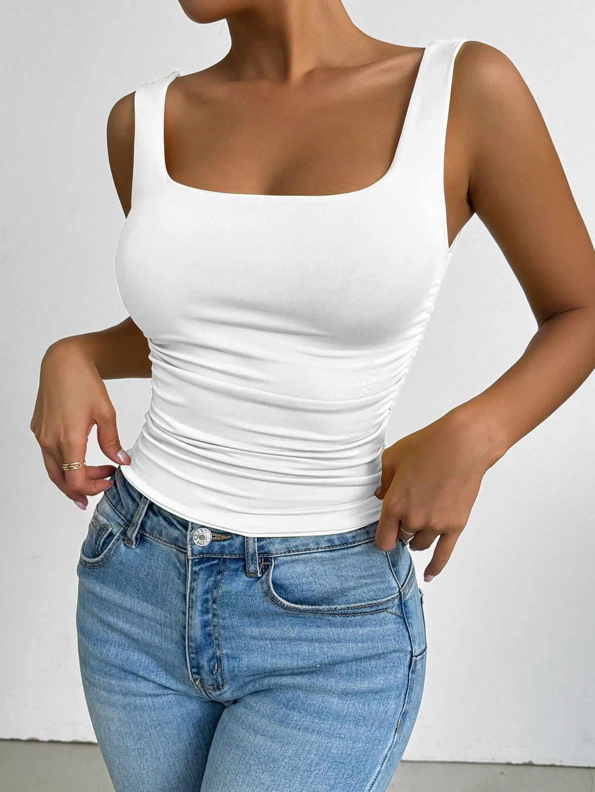 PETITE All White Summer Chic Everyday Women's Square Neck Sleeveless Tank Top, Elegant Basic Crop Top, Vacation Music Festival Rave Concert Club Top, Petite Women
