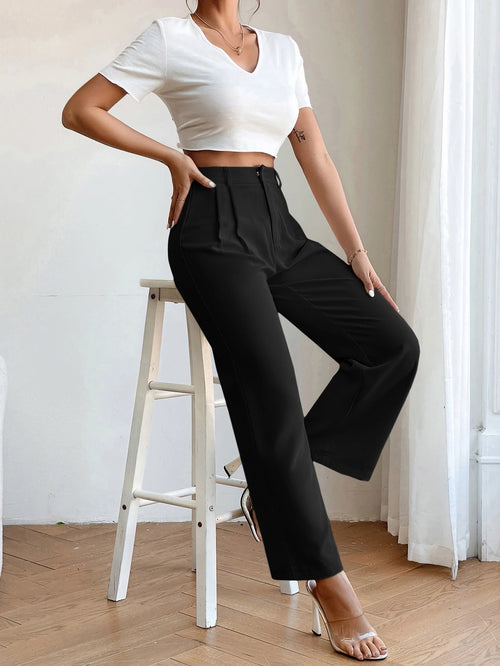 PETITE High Waist Plicated Detail Straight Leg Black Pants,Petite Women