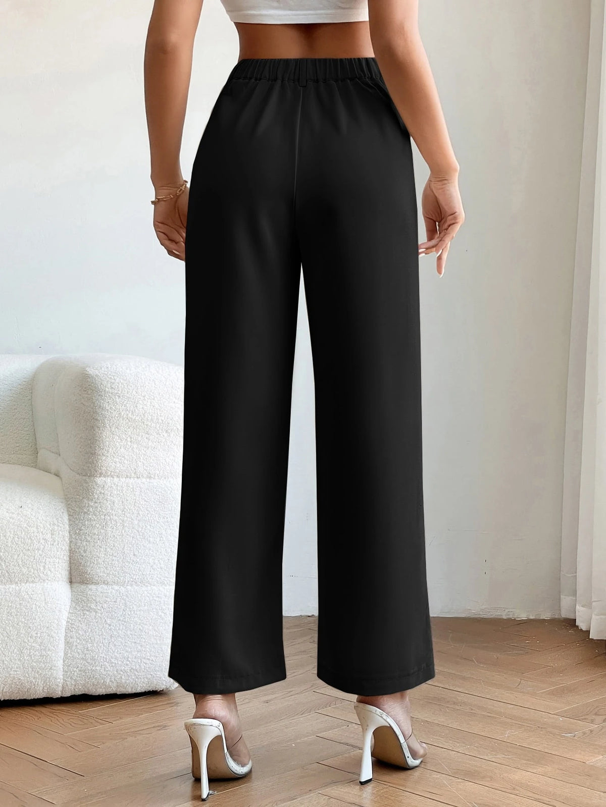 PETITE High Waist Plicated Detail Straight Leg Black Pants,Petite Women