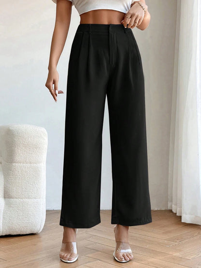 PETITE High Waist Plicated Detail Straight Leg Black Pants,Petite Women
