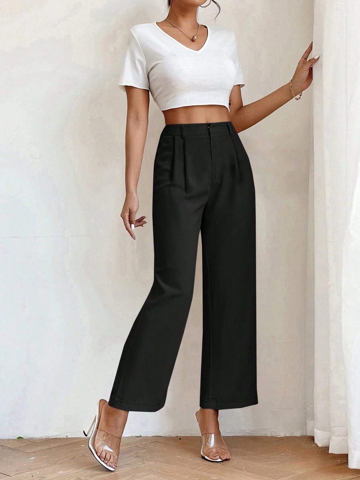 PETITE High Waist Plicated Detail Straight Leg Black Pants,Petite Women