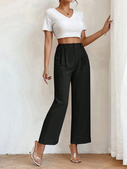 PETITE High Waist Plicated Detail Straight Leg Black Pants,Petite Women