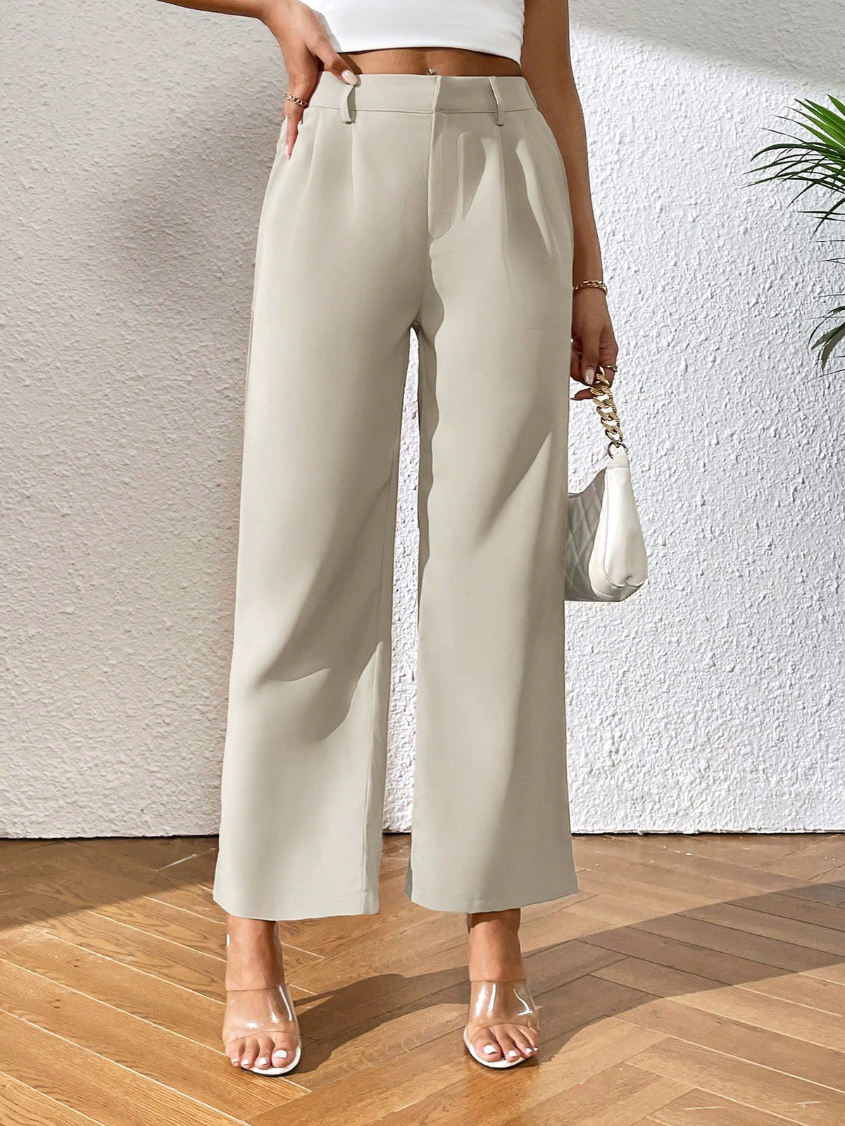 PETITE High Waist Plicated Detail Straight Leg Black Pants,Petite Women