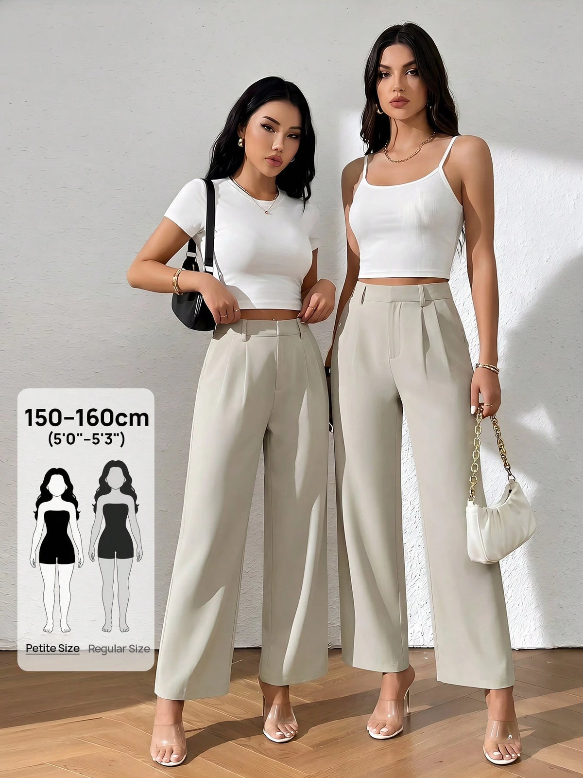 PETITE High Waist Plicated Detail Straight Leg Black Pants,Petite Women