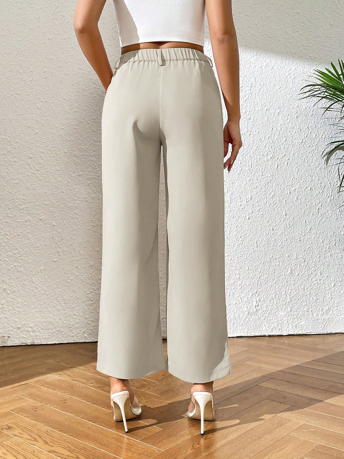 PETITE High Waist Plicated Detail Straight Leg Black Pants,Petite Women