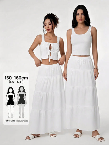 PETITE Plain Color Casual Long Skirt White,Petite Women Beach Autumn