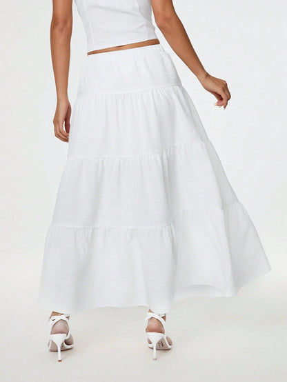 PETITE Plain Color Casual Long Skirt White,Petite Women Beach Autumn