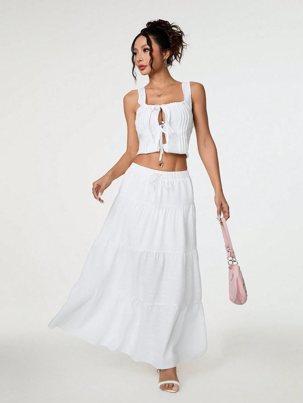 PETITE Plain Color Casual Long Skirt White,Petite Women Beach Autumn