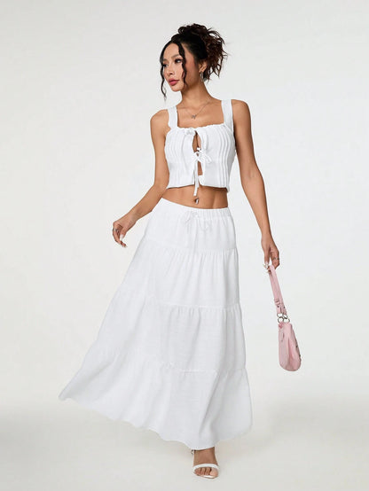 PETITE Plain Color Casual Long Skirt White,Petite Women Beach Autumn