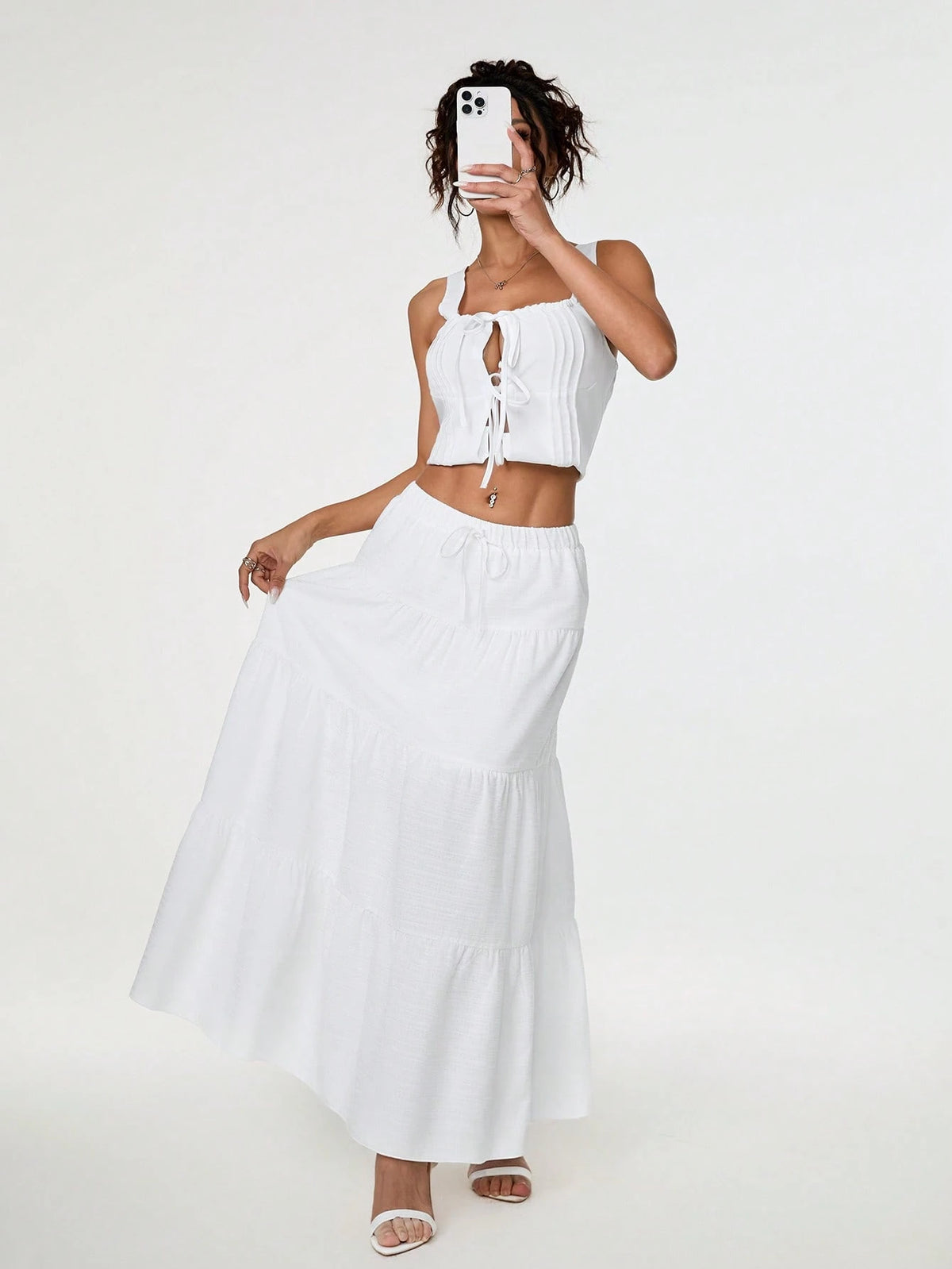 PETITE Plain Color Casual Long Skirt White,Petite Women Beach Autumn