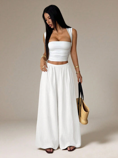 PETITE Summer Loose Textured Casual Vacation Wide Leg Pants,Petite Women